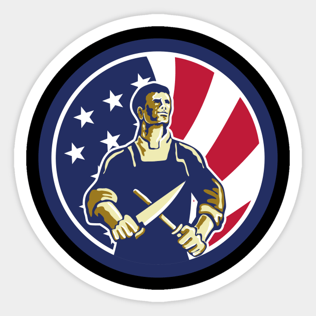 Retro male butcher sharpening a knife in an american flag circle | Gift idea Sticker by French Culture Shop